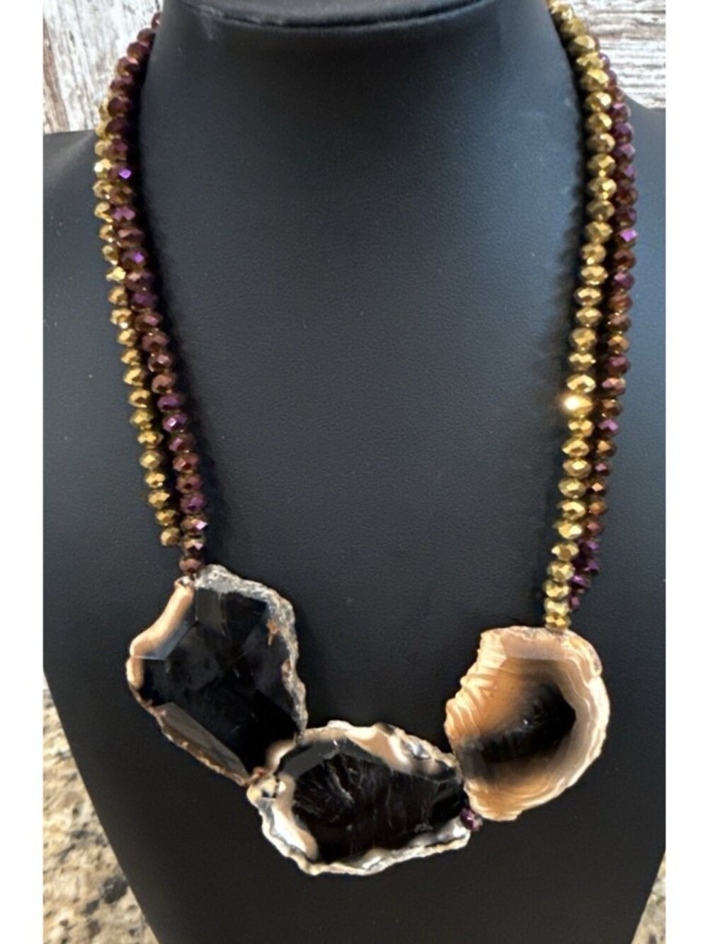 Boho Agate Necklace 3 Slice And Rhinestone 20” Handmade Statement